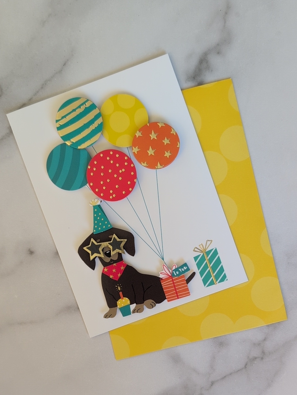 Birthday Party Dog Greeting Card - Yellow Balloon Design